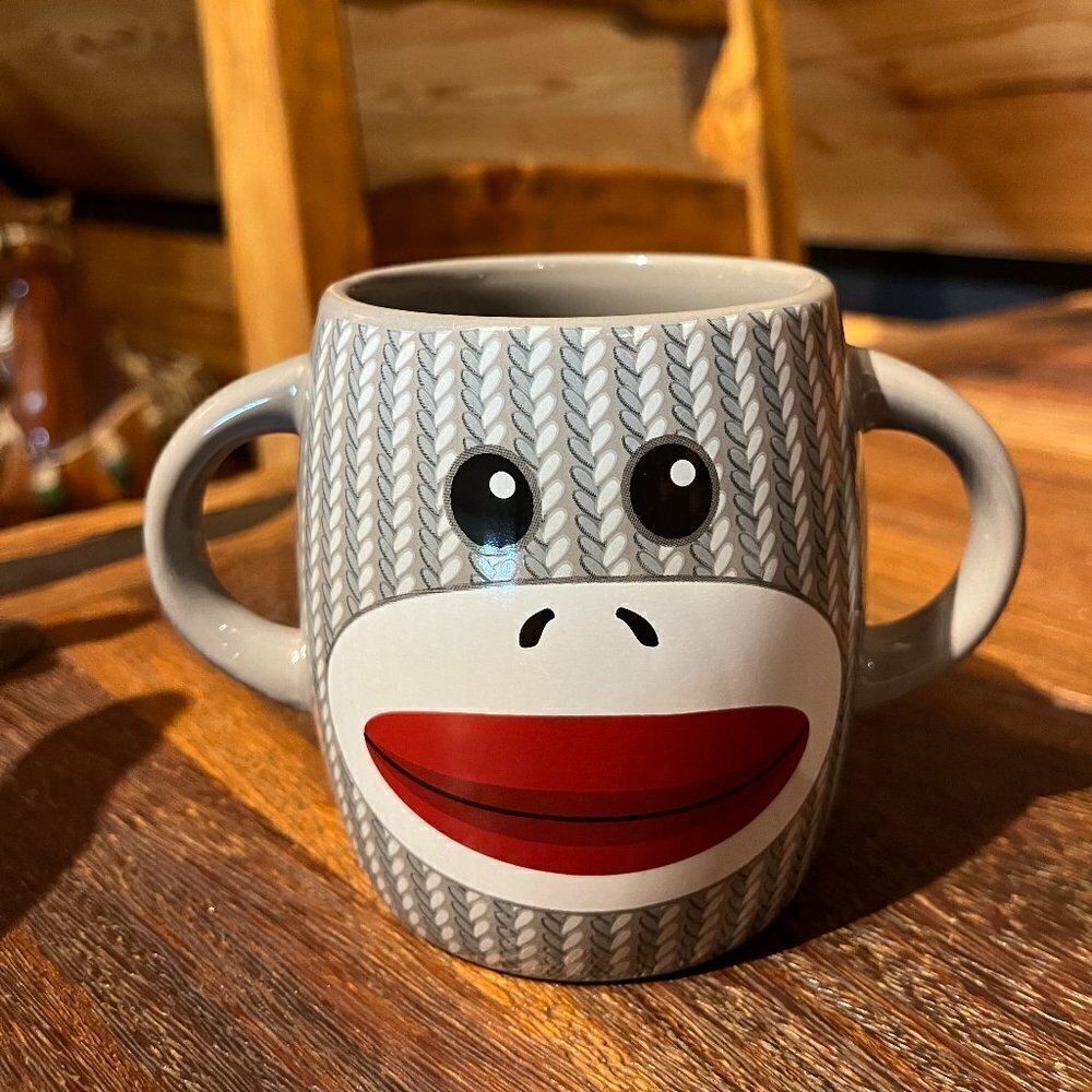 Gray Sock Monkey Face Coffee Mug Cup Double Handle Gift Teacher 16oz Collectable